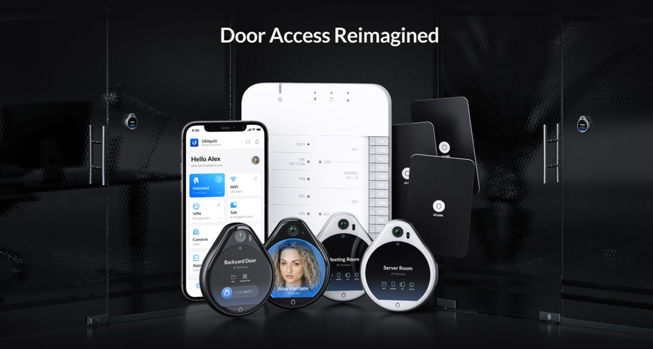 Ubiquiti UniFi door access control devices including card reader, keypad, and smart entry system for business security