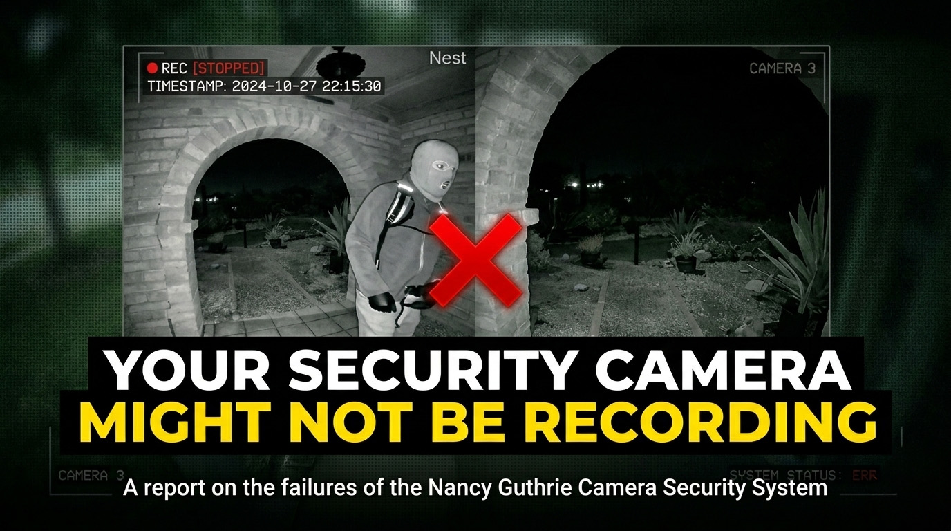 Surveillance footage from Nancy Guthrie’s home showing a security camera failure during a break-in attempt.