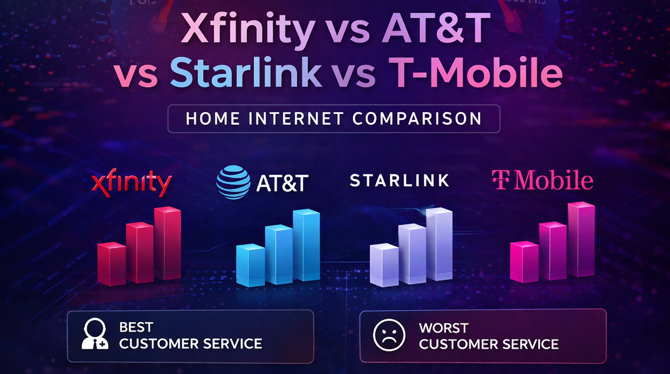 Comparison of Xfinity, AT&T, Starlink and T-Mobile home internet speeds, performance and customer service