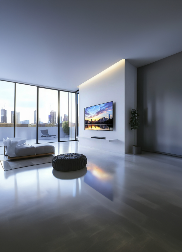 TV 2 Home Audio & Video Installations | SurfNet IT & Network Solutions Modern living room with wall-mounted flat screen TV and surround sound system installation