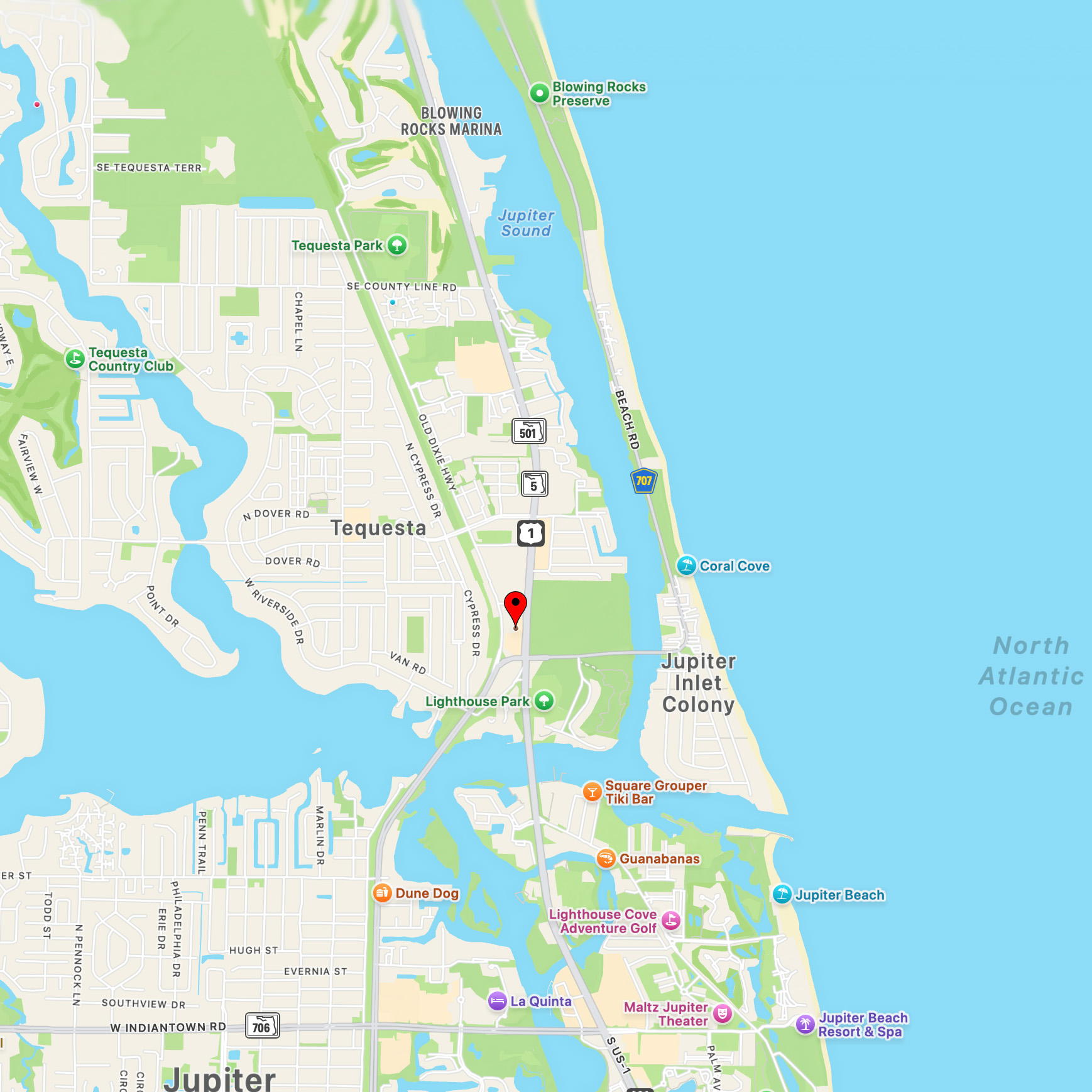 SurfNet Service Area Map – Jupiter & Tequesta, FL Map showing SurfNet service area coverage in Jupiter, Tequesta, and Jupiter Inlet Colony, Florida