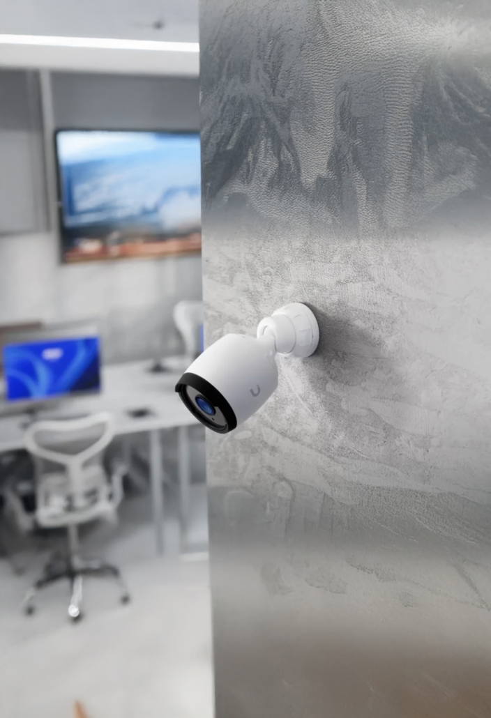 Office Security Camera Installation In Jupiter, FL | SurfNet Ubiquiti security camera mounted inside a modern office for business surveillance and network security installation in Jupiter, Florida