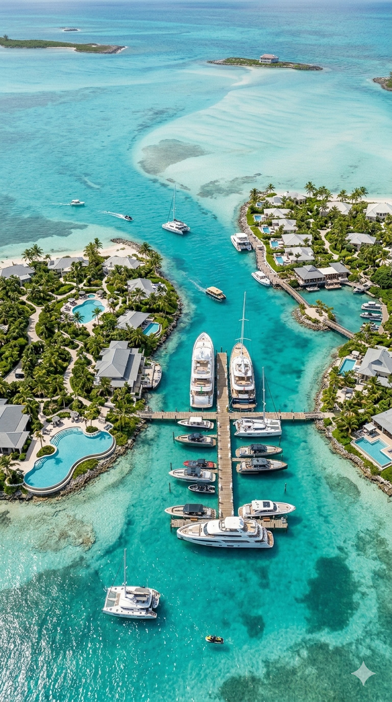 Aerial view of a marina with yachts and boats in clear blue water in the Bahamas
