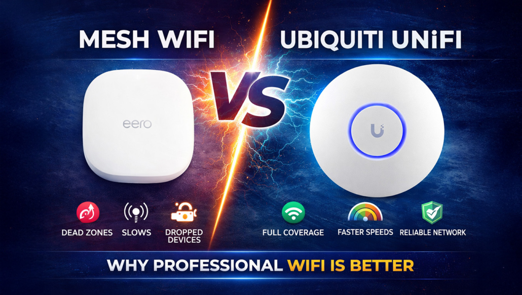 Mesh WiFi vs Ubiquiti UniFi Comparison Mesh WiFi system compared to Ubiquiti UniFi professional WiFi showing differences in coverage speed and reliability