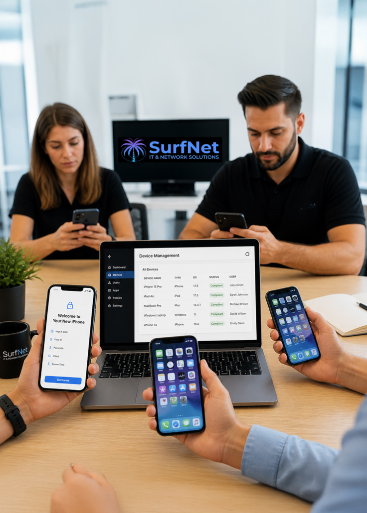 Device Management and Employee Technology Setup in Jupiter, FL Business device management setup with employee iPhones and laptops in Jupiter FL office