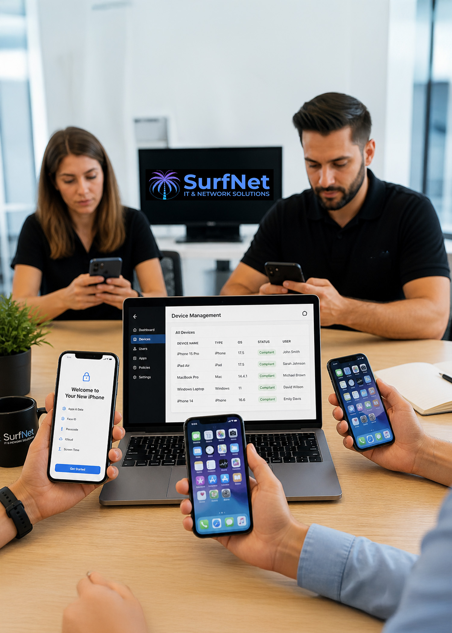 Business device management setup with employee iPhones and laptops in Jupiter FL office