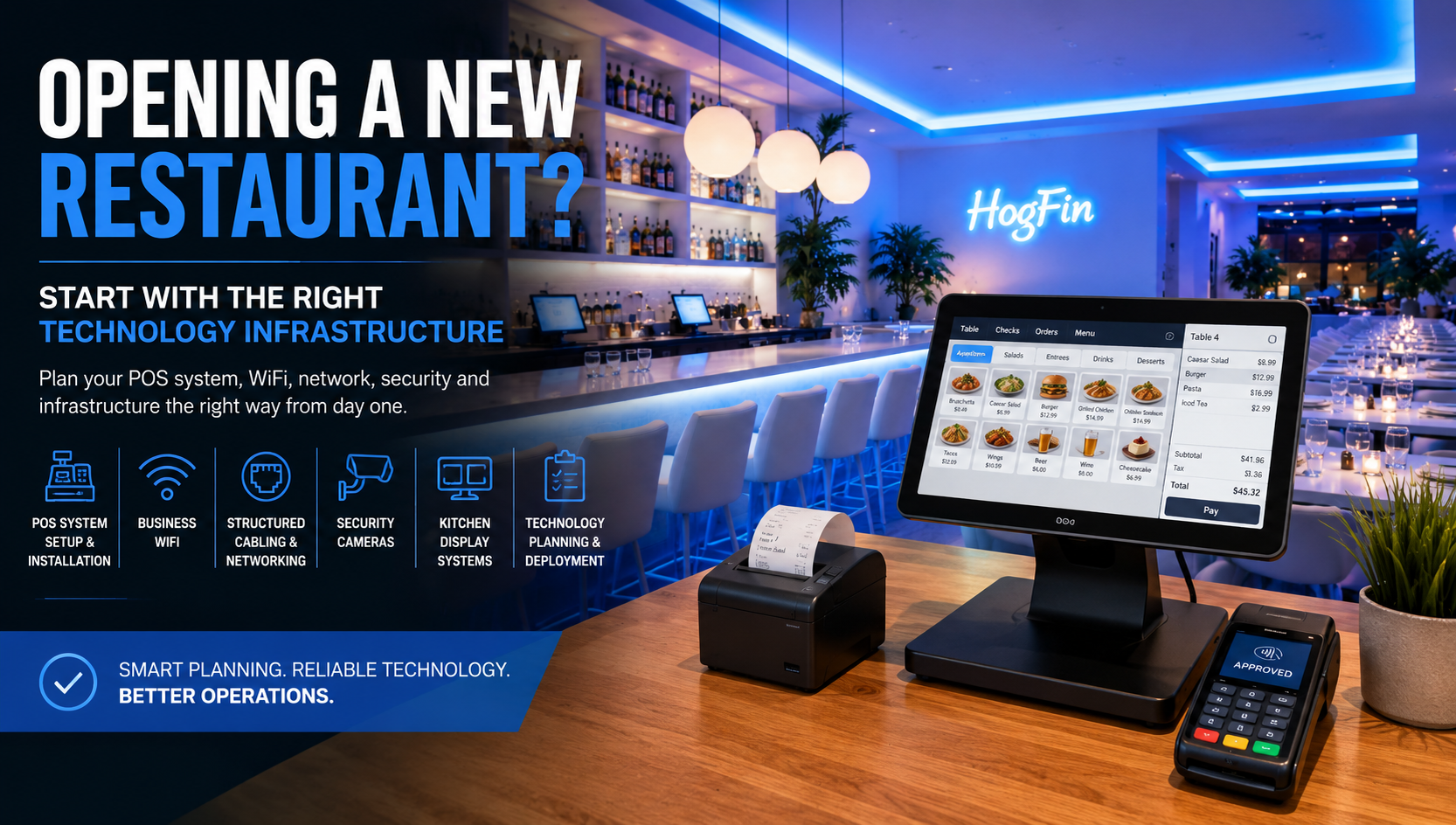 Restaurant POS Setup & Installation In Jupiter, FL Modern restaurant interior with POS system setup, business WiFi, and restaurant technology infrastructure in Jupiter, Florida