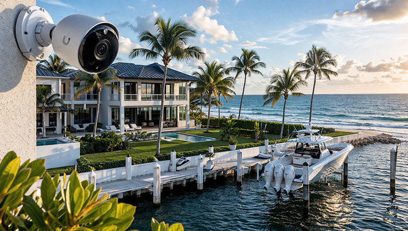 Security cameras installed on a luxury waterfront home and dock in Jupiter, Florida for boat and property protection