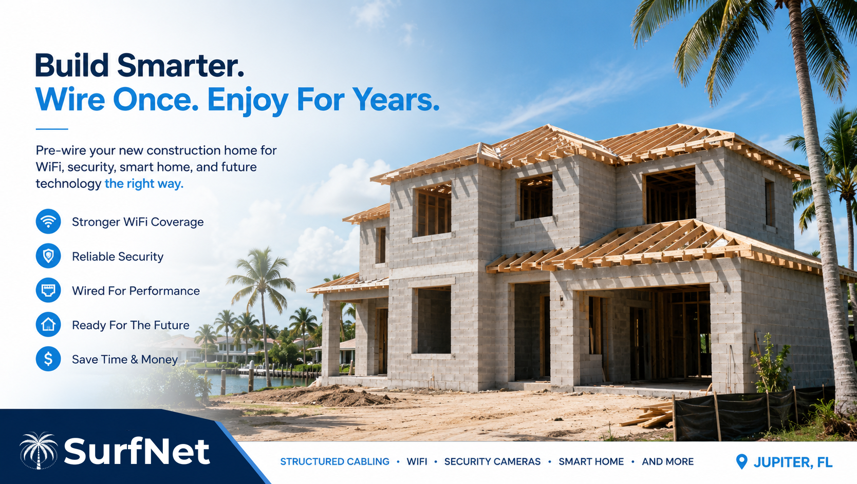 New construction concrete block home in Florida being pre-wired for networking, WiFi, security cameras, and smart home technology