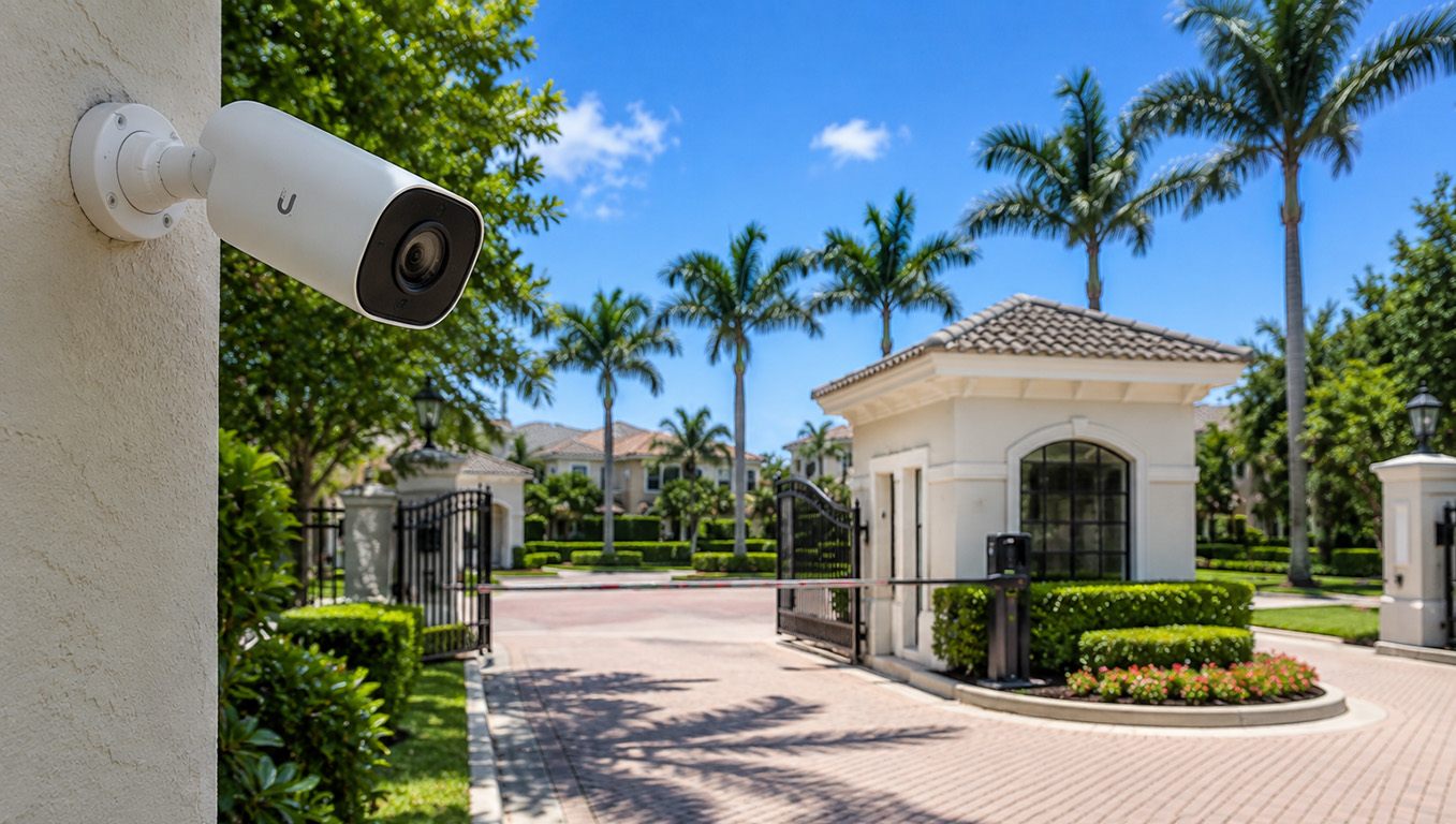 Security Cameras for HOA Communities in Jupiter FL Ubiquiti security camera monitoring the entrance of a gated HOA community in Jupiter Florida