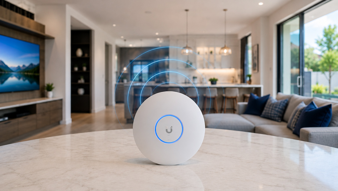 Modern smart home with professional WiFi network connecting security cameras, smart TVs, lighting, voice assistants, and home office devices.